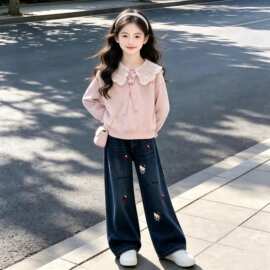 2026春秋季女童韩系多巴胺甜美风长袖卫衣卡通凯蒂猫牛仔裤两件套