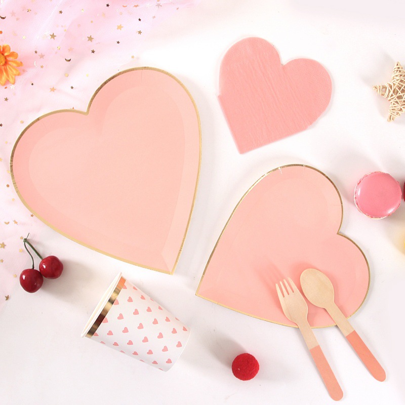 Placa de papel rosa de amor desechable set de cubiertos de San Valentín tema de pastel plato de refrigerio plato de fiesta