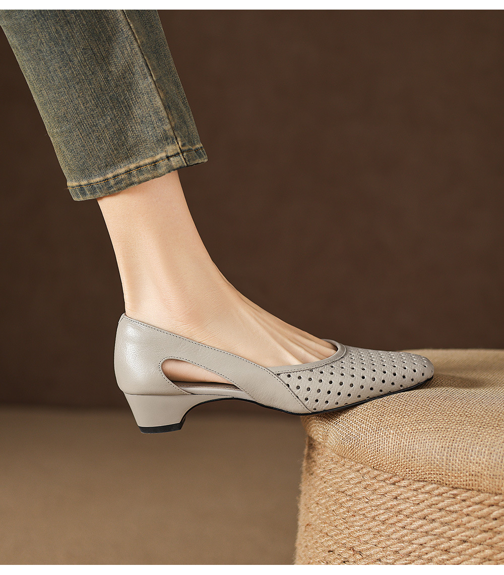 Giày sandal nữ mũi vuông gót thấp 3,5 cm da cừu đục lỗ hở mũi — đen chi tiết 6