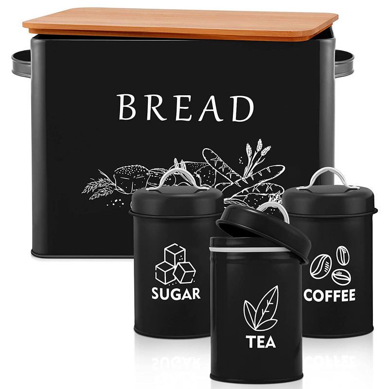 Customized Black Bamboo Lid Jar Bread Box Amazon Galvanized Iron Kitchen Storage Jar Metal Bread Box