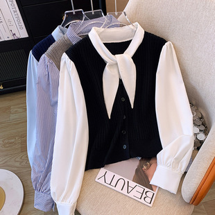 plus size Women's 2024 Spring and Autumn New Temperament Fashion Fake Two-piece Knitted Shirt All-match Casual Knitted Shirt