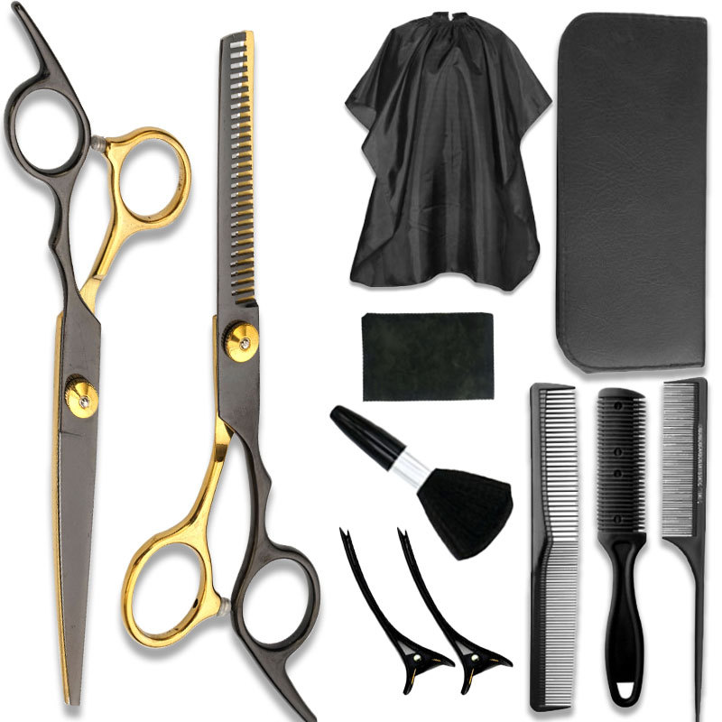 Fábrica directa de tijeras de corte de pelo de oro negro, tijeras de corte de pelo planas especiales, tijeras de corte de pelo delgadas, set de tijeras de corte de pelo domésticas