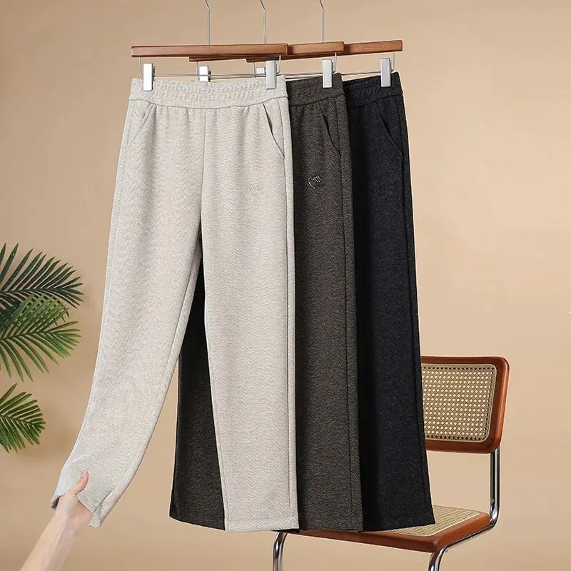 Spring and Autumn High-Waisted Slimming Casual Pants for Mothers, Fleece-Lined Thickened Long Pants for Middle-Aged and Elderly, Elastic Waist, Plus-Size Straight-Leg Pants