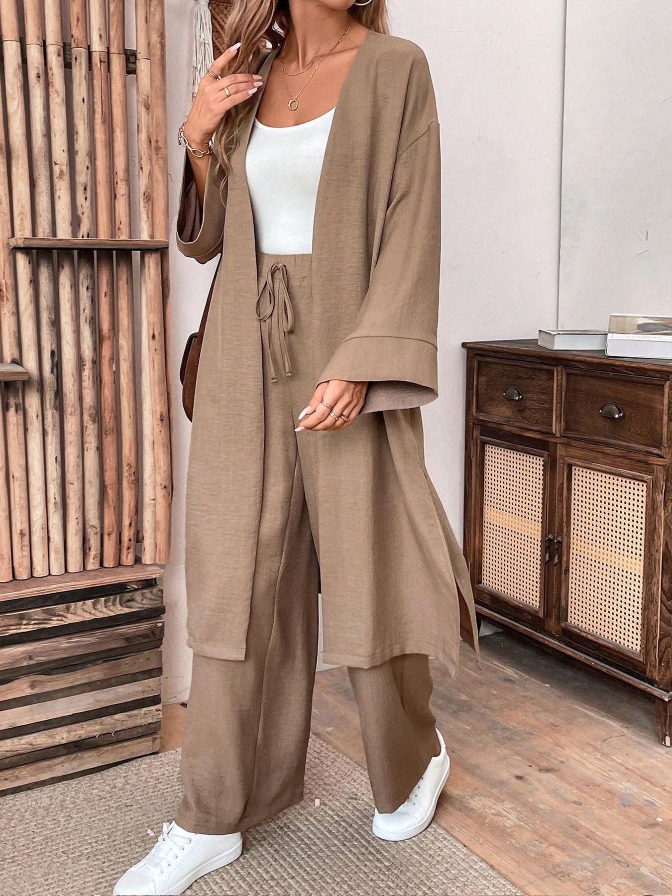 Women's Clothing new loose long cardigan top wide leg pants two piece suit_voghion.com