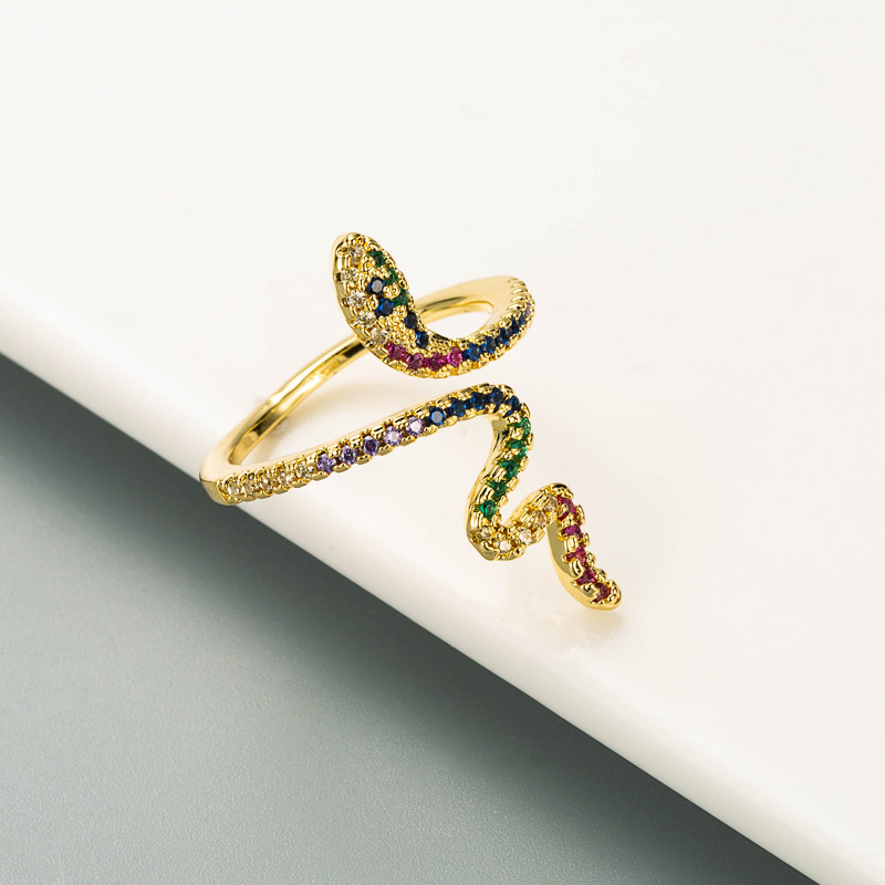 European And American Cross-border Fashion Creative Copper Gold-plated Inlaid Colored Zircon Snake-shaped Ring display picture 6