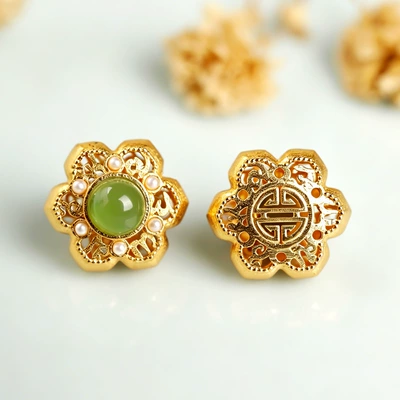 Inlaid Hetian jade accessories, hollow DIY spacer beads, pendant bead design accessories, hand jewelry, jadeite leaf through-hole ornament (Zərgərlik ara hissələri) - jasper-pearl-flower-shaped-six-character-charm-approximately-10mm-single