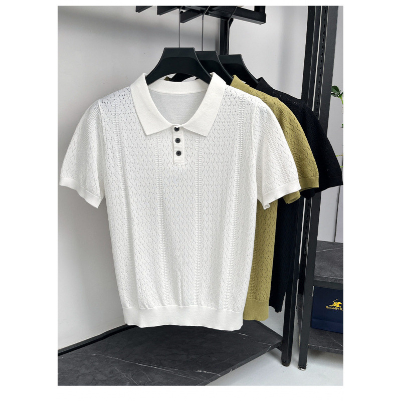 Men's Summer Cool Hollow Out Design Polo Shirt Luxury Style Elegant Retro Short Sleeve T-Shirt For Casual Wear_viptrois.com