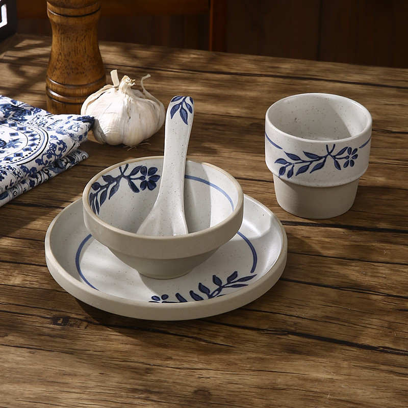 Chinese blue and white four-piece bowl bone plate spoon coarse pottery cup hotel hot pot hotel commercial suit tableware wholesale