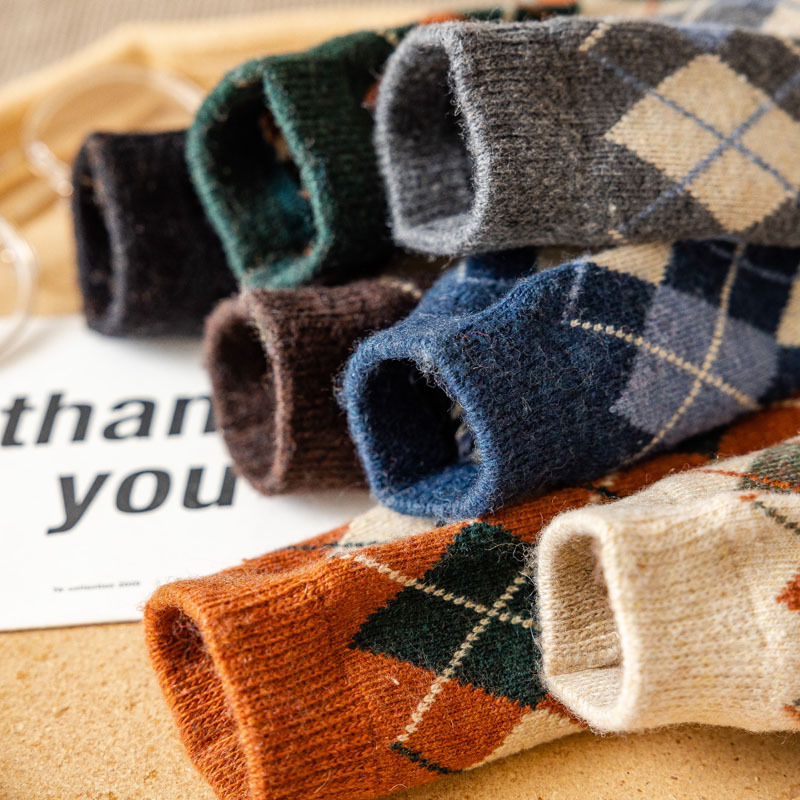 Woolen women in autumn and winter, diamond grid thickened warm middle tube pile for women's socks_voghion.com