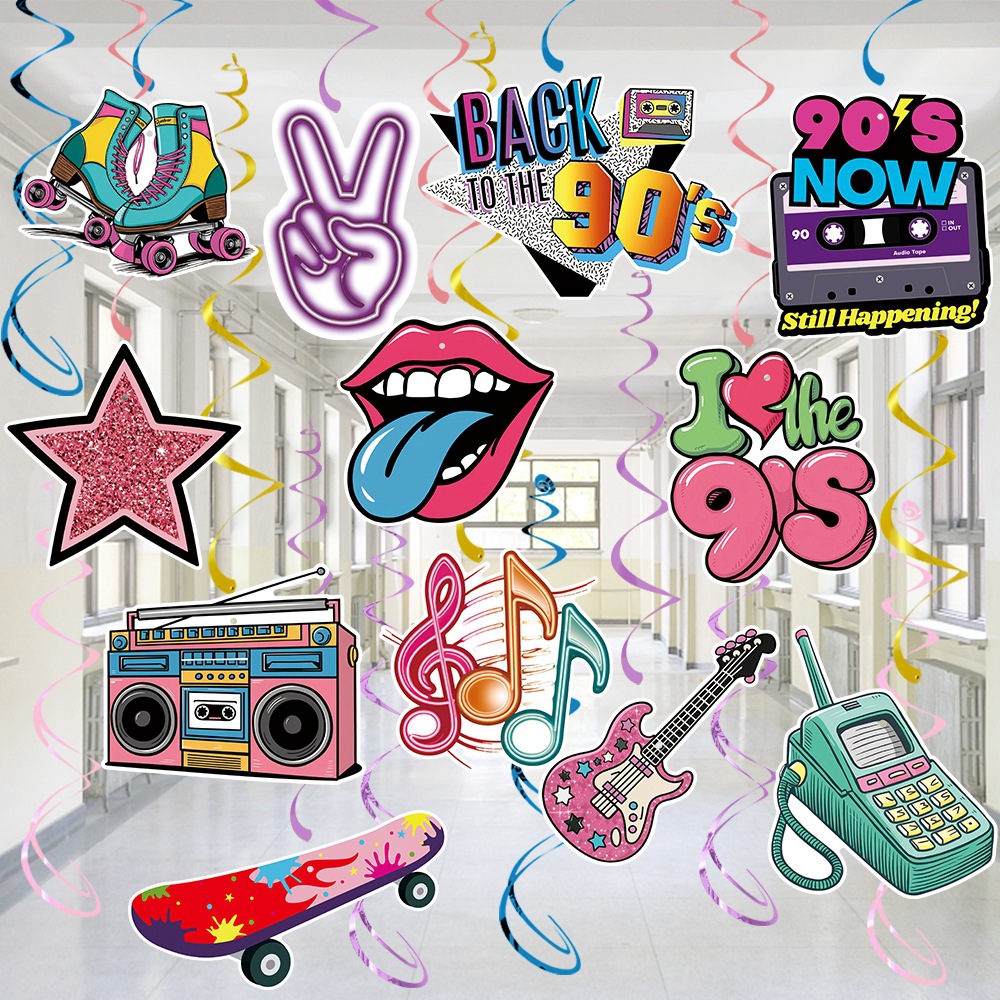 Nuevos productos transfronterizos decoración de fiesta de los años 90 espirales colgantes de cumpleaños decoración de fiesta retro accesorios espirales colgantes