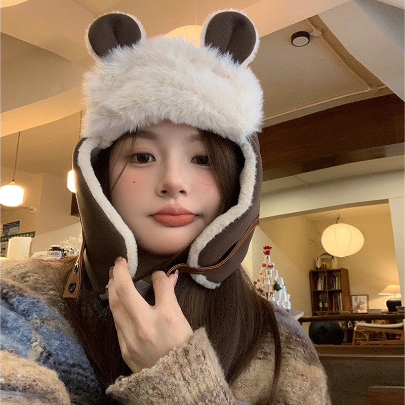 Japón lindos osos gorro de orejas gorro de invierno mujer calentamiento grueso gorro de rayo de vello para montar gorra de algodón de esquí a prueba de viento