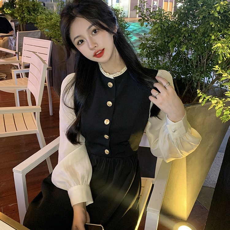 欧美跨境亚马逊新款名媛气质设计感赫本风长裙法式泡泡长袖连衣裙|undefined