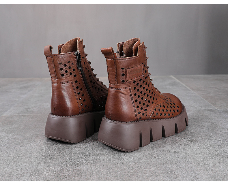 Giày boot nữ cổ cao da bò thật đế bánh xốp dày — Màu nâu chi tiết 11