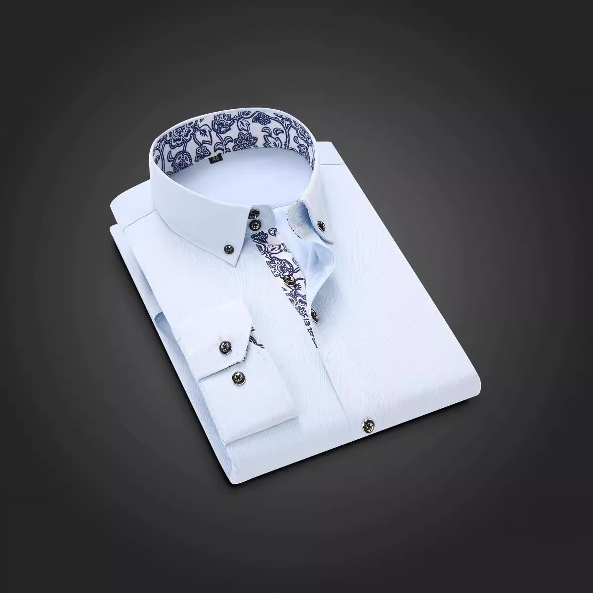 Camisa de manga larga para hombre, estilo coreano 2024, corte ajustado, informal de negocios, azul y blanco porcelana, ropa para hombre, estampado azul y blanco porcelana