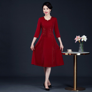 Pearlescent Silk Wave Collar Beaded Slim-fit dress Comfortable High-end Middle-aged Mother's Wedding Banquet Autumn Mid-length Women's Clothing