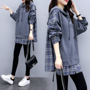 Fake two-piece sweater women's fashion hooded 2025 autumn women's Korean version of loose plus size women's new mother outfit