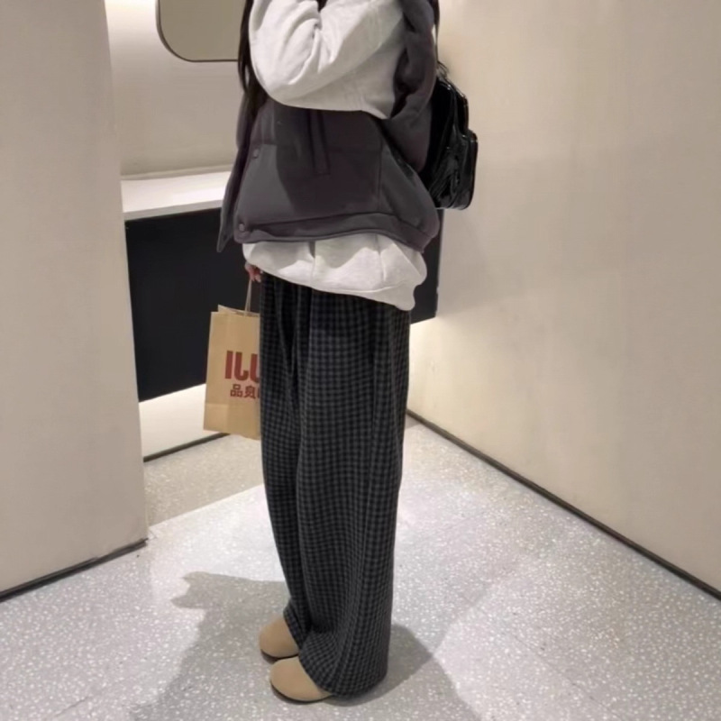秋冬季大码胖高腰宽松休闲慵懒长裤老钱风复古毛呢格子阔腿裤女|undefined