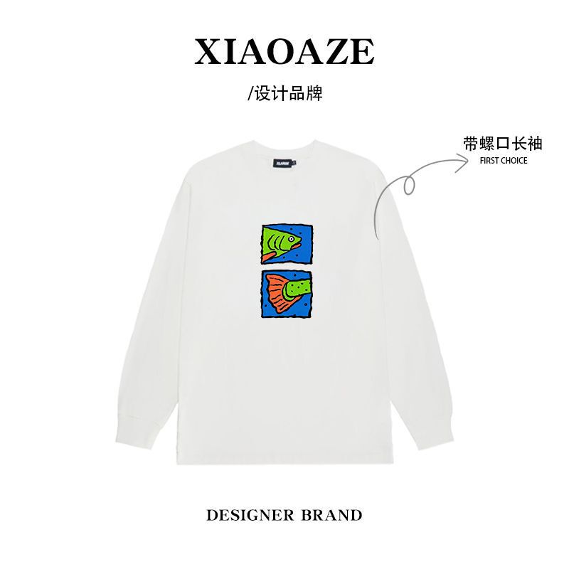 American retro style fun print long-sleeve T-shirt with ribbed cuffs for men and women, spring and autumn casual loose fit pure cotton base shirt American retro style fun print long-sleeve T-shirt with ribbed cuffs for men and women, spring and autumn casual loose fit pure cotton base shirt