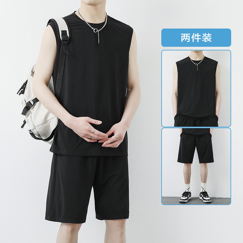 Nueva camiseta corta sin mangas para hombres marca de moda casual de verano nuevo chaleco de dos piezas juego de ropa deportiva de verano para hombres hielo