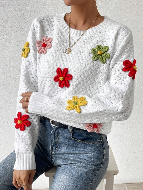 Casual Long Sleeve Drop Shoulder Floral Design Crew Neck跨境|undefined
