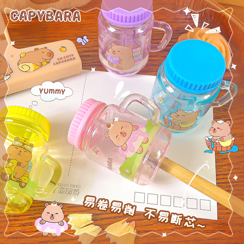 Kapibala taza de té con leche sacapuntas dibujos animados lindo portátil mini sacapuntas estudiante manual de un solo orificio