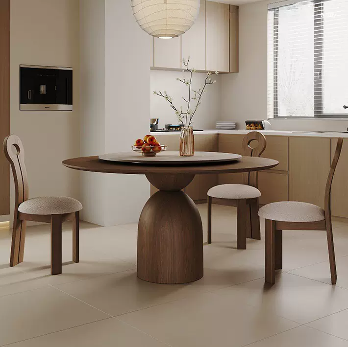 中古风胡桃色实木圆桌家用小户型设计师圆形饭桌法式圆餐桌椅组合