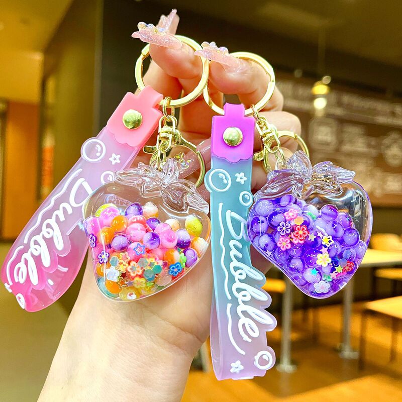 Cross-Border Luminous Acrylic 3D Realistic Strawberry Fruit Pendant DIY Charm Liquid Sand Keychain Accessory