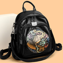 学生书包2024夏季流行国风刺绣羊皮双肩包货质感吉象多用双肩包女