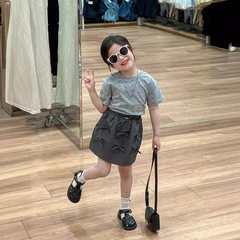 Children's summer clothing 2024, full print sweet little bow short-sleeved T-shirt top, quick-drying cute half-body skirt