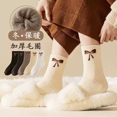 蝴蝶结袜子女冬季加绒加厚保暖毛圈袜甜美家居地板袜抗寒毛巾长袜