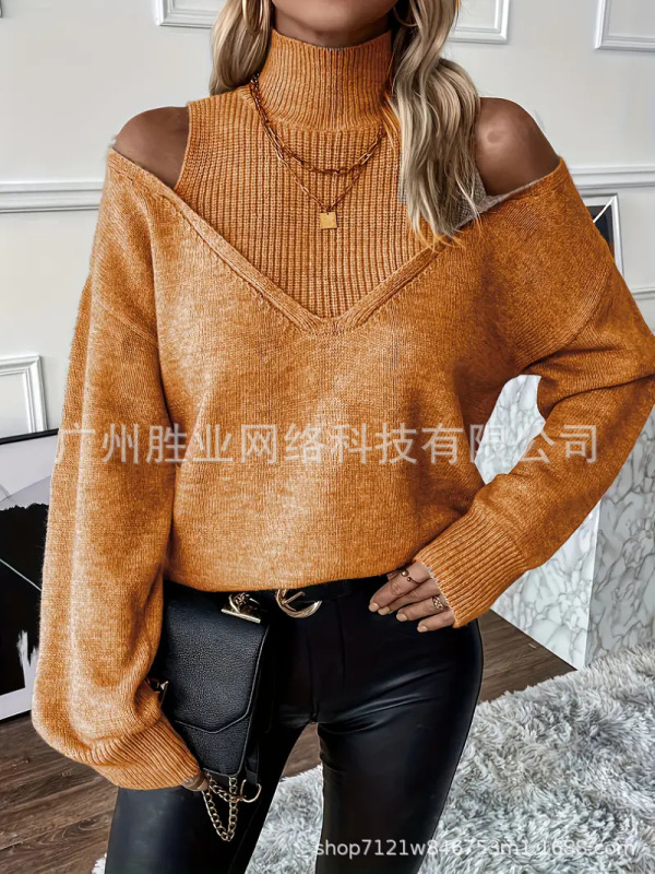 欧美跨境外贸高领秋冬毛衣时尚优雅长袖撞色毛衣露肩设计罗纹袖口|undefined
