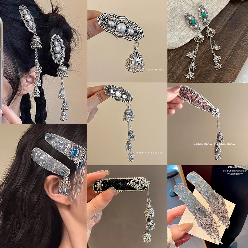 new chinese turquoise bell tassel hairpin women‘s ethnic style side clip retro high sense delicate hair accessories headdress