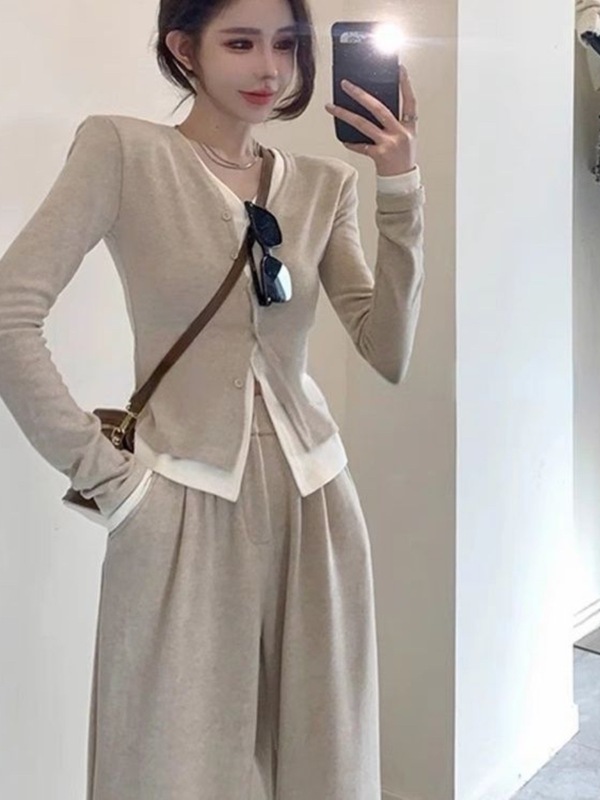 时尚运动休闲套装女秋季新款慵懒风假两件长袖上衣阔腿长裤两件套|undefined