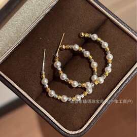 3-4mm天然淡水珍珠强光基本无瑕金银撞色手工串制的珍珠圆环耳环