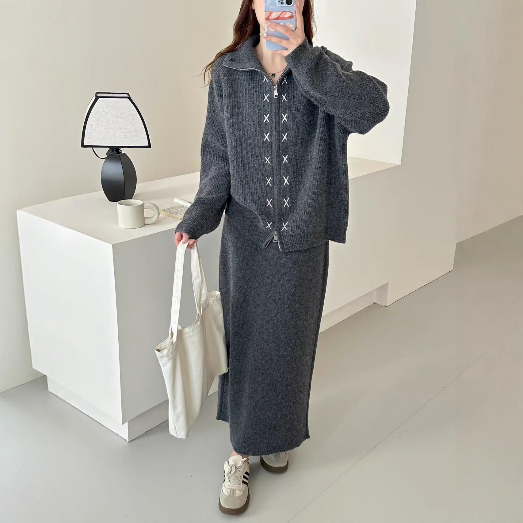 外贸针织套装毛衣女2025秋季新款抽绳双拉链针织开衫半身裙两件套
