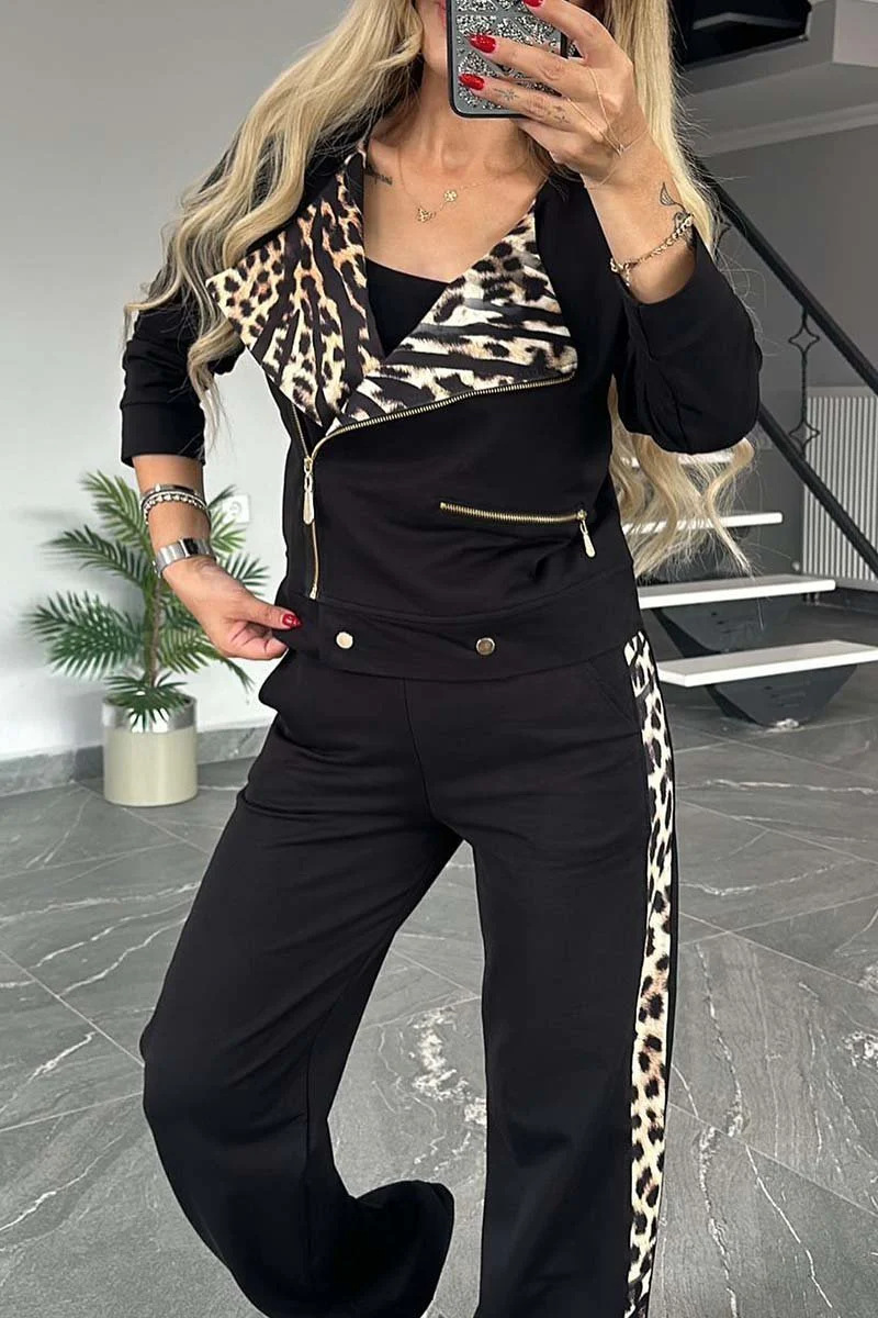 Women's Clothing Autumn and Winter Fashion Casual Double sided Leopard Print Suit Zipper Long Sleeve Suit Women_voghion.com