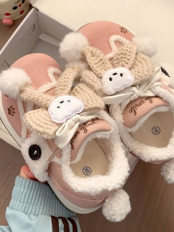 Cute Girl-Style Thick-Soled White Sneakers for Women, 2025 Autumn and Winter, Fleece-Lined Warm Shoes, Versatile Student Sneakers