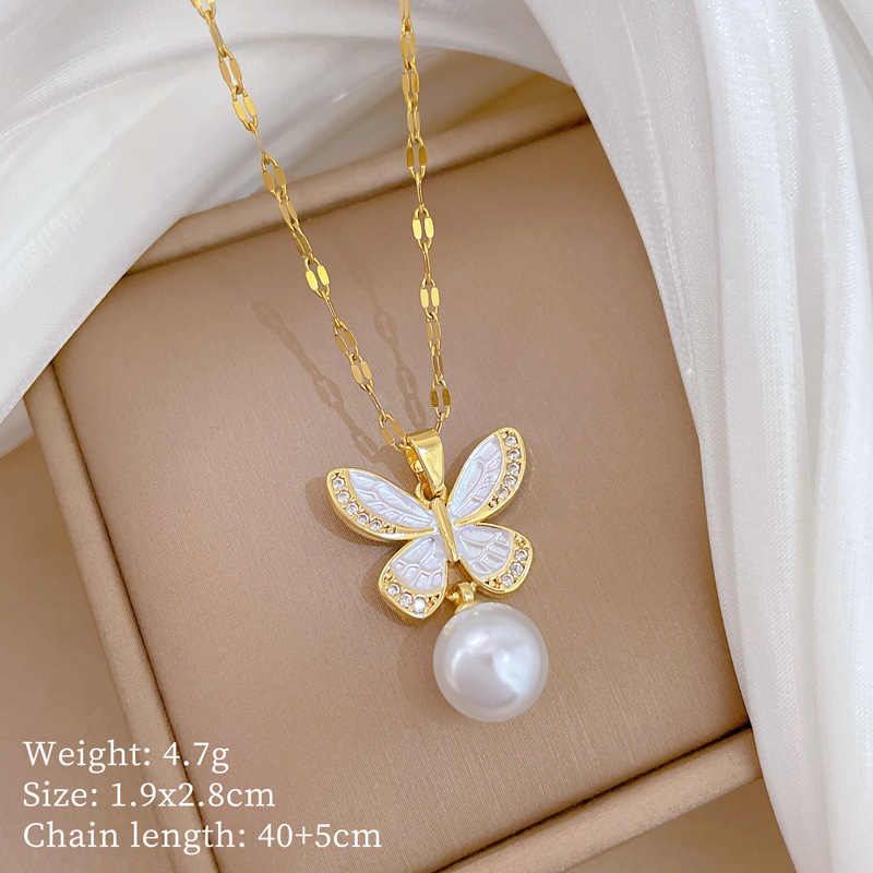 Gorgeous Butterfly Pearl Necklace Set Titanium Steel Clavicle Chain_voghion.com