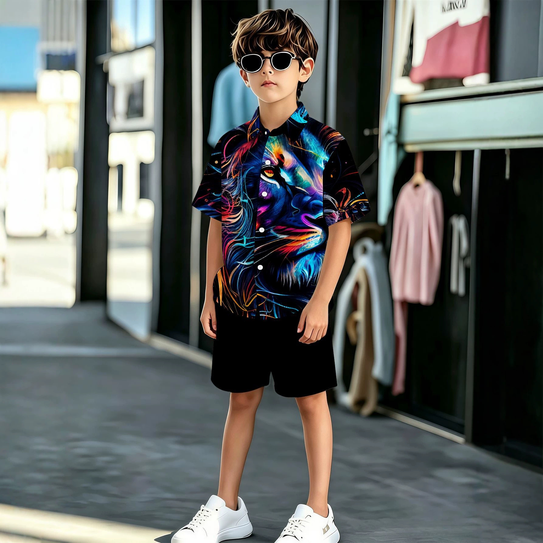Neue europäisch-amerikanische Styles: Jungenhemd und Shorts-Set mit 3D-Druck und Pflanzenblumenmuster_voghion.com