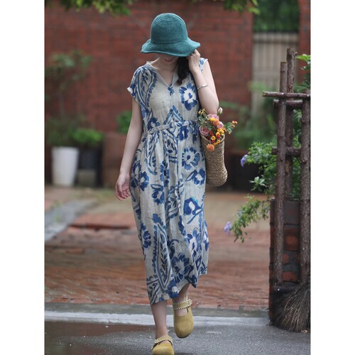 Blue dress for women 25 new summer style high-end exquisite and super good-looking slim cotton and linen skirt