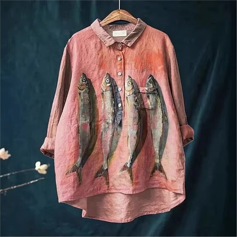 Cross-Border Y2 Retro Palace-Style Cotton and Linen Printed Shirt for Women, Loose Fit with Short Front and Long Back Design, Niche Casual Top