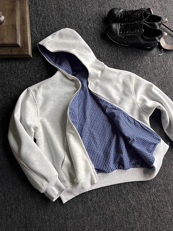 浅灰色连帽开衫卫衣男春秋款格子设计两面穿上衣美式cleanfit外套|undefined