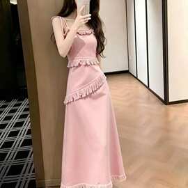 WZXSK少女风粉色流苏吊带牛仔连衣裙女过膝夏季无袖露肩系带毛边
