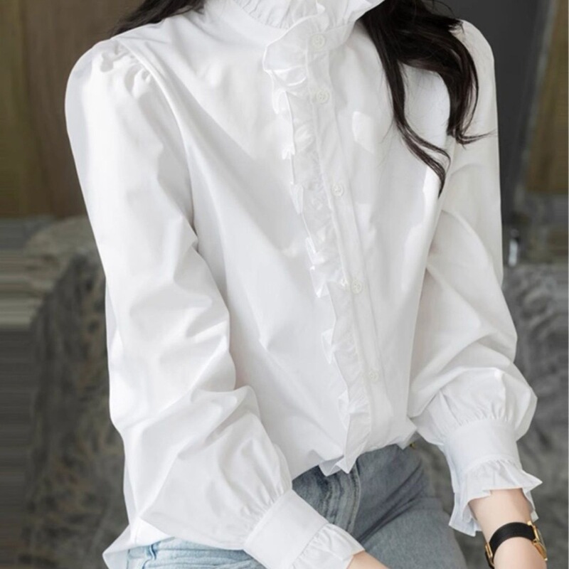 Spring and Autumn New Korean Style Fashionable Lace Collar Base Shirt White Ruffled Shirt Women's Long-Sleeved Mid-Length Shirt