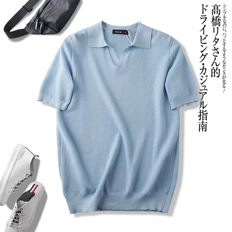 Cross-Border Export Seagull Collar Knitted Ice Silk Short-Sleeved Polo Shirt V Neck Short-Sleeved Men's Light Mature Style Business Fashion T-Shirt Cross-Border Export Seagull Collar Knitted Ice Silk Short-Sleeved Polo Shirt V Neck Short-Sleeved Men's Light Mature Style Business Fashion T-Shirt