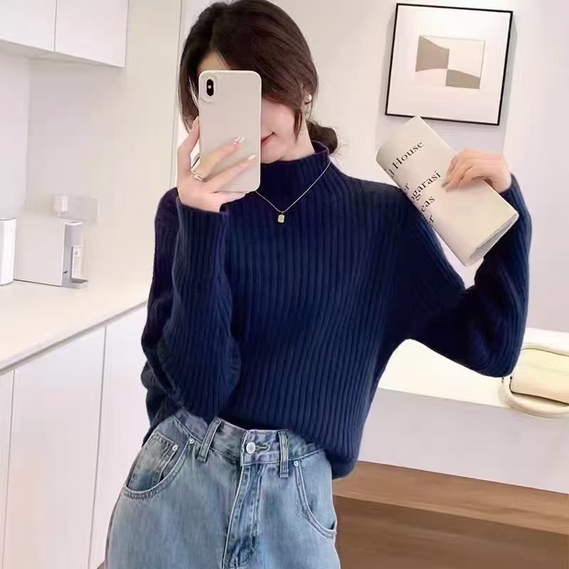 半高领毛衣女秋冬新款厚款针织衫洋气百搭坑条打底衫内搭宽松上衣|undefined