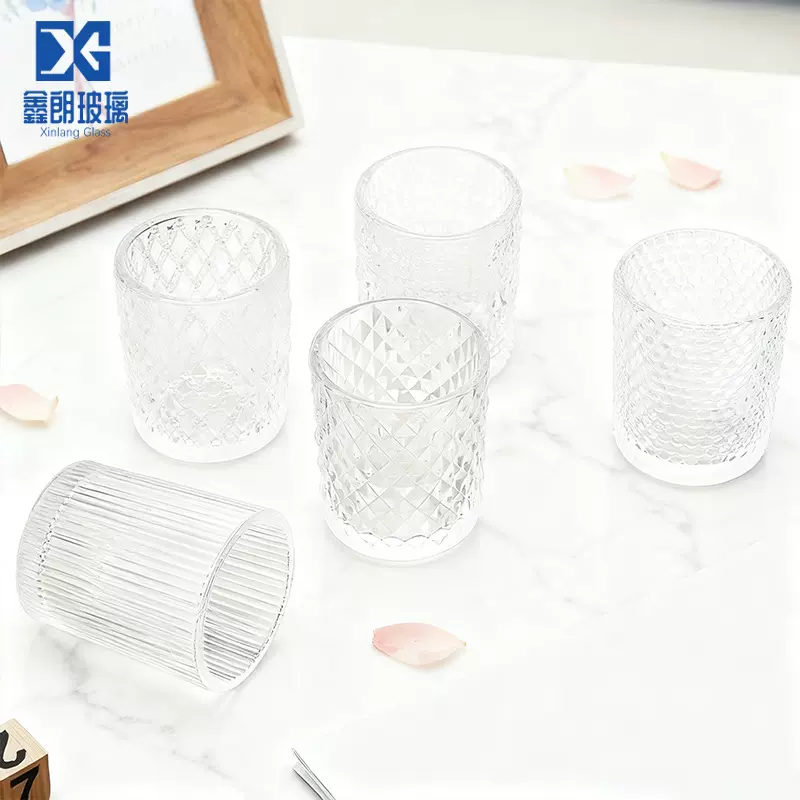 透明复古浮雕玻璃蜡烛杯竖条纹蜡烛器皿创意珠点蜡烛玻璃瓶批发