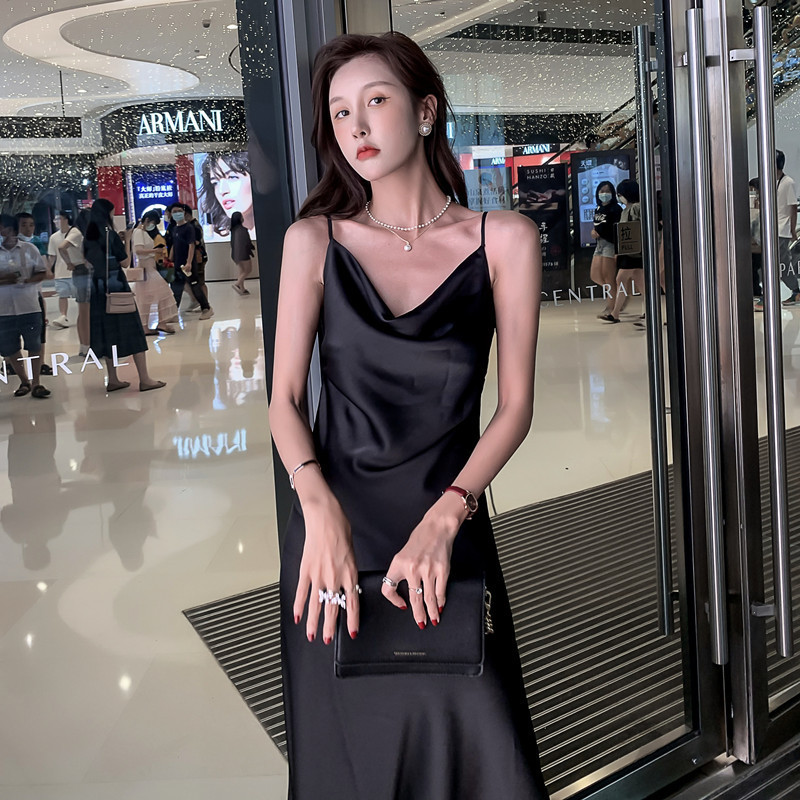 真丝多巴胺吊带连衣裙女夏内搭中长款缎面醋酸设计感修身长裙|undefined