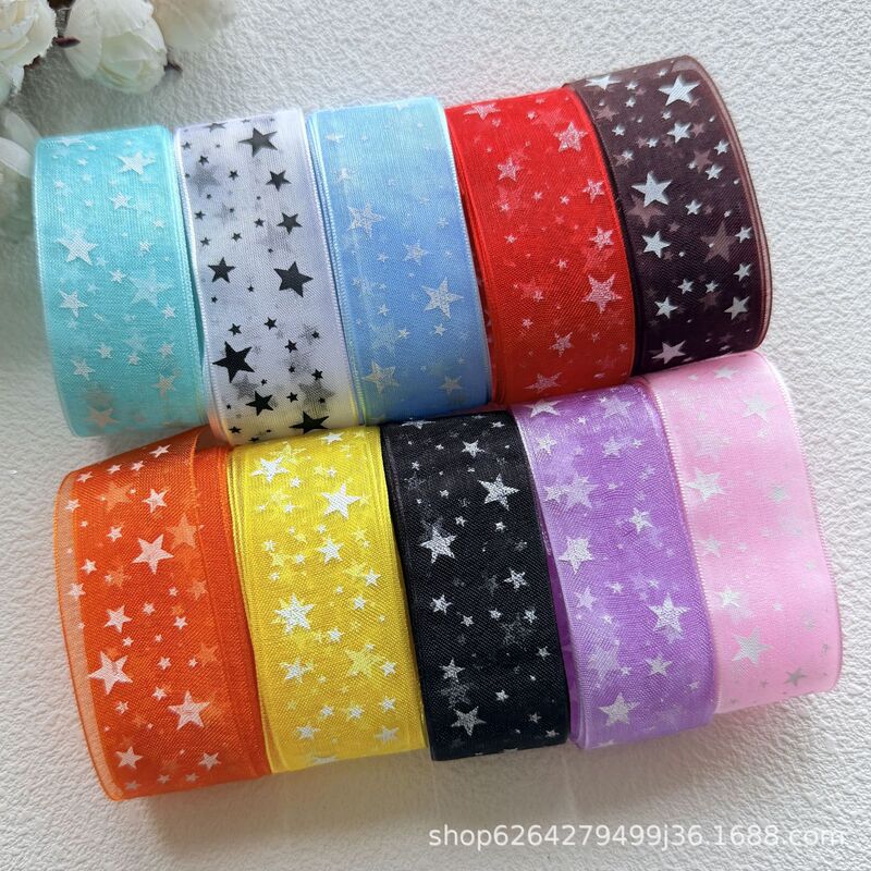 2.5cm Printed Five-Pointed Star Snow Gauze Ribbon Handmade DIY Bow Hair Accessory Corsage Badge Accessories Materials Ee36 2.5cm Printed Five-Pointed Star Snow Gauze Ribbon Handmade DIY Bow Hair Accessory Corsage Badge Accessories Materials Ee36