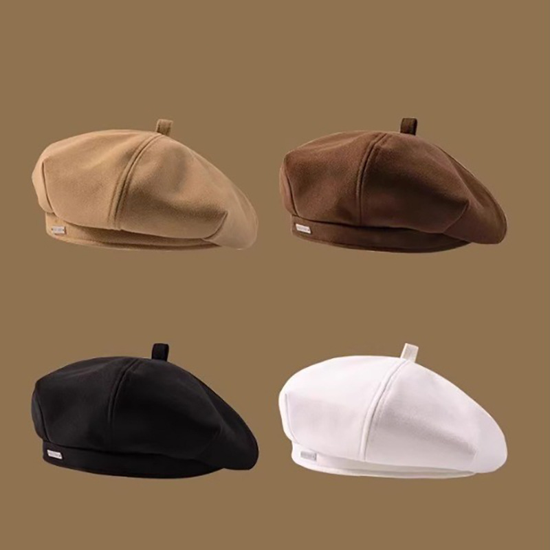 Boina femenina primavera y otoño coreano en línea japonés sombrero negro de ocho ángulos cabeza grande cara redonda retró pintor sombrero marca de moda